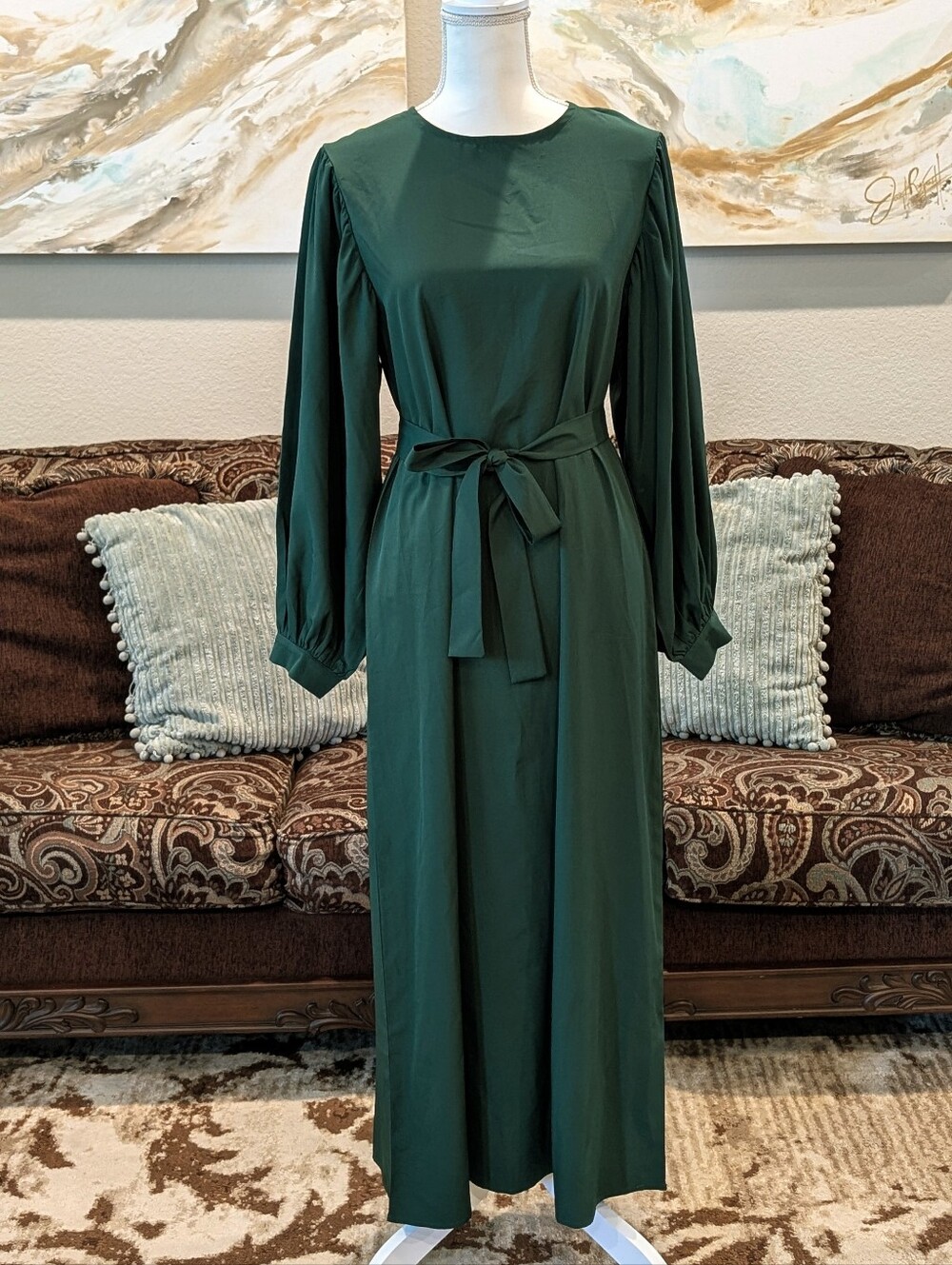 Elegant Forest Green Long Sleeve Tie-Waist Dress